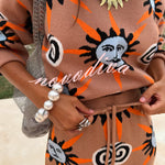 Mediterranean Art Knit Unique Sun Vortex Print Elastic Waist Wide Leg Pants