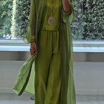 Solid Color Long Cardigan + Round Neck Casual Top and Elastic Waist Wide Leg Pants Three-piece Set