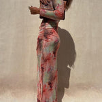 Charm Lady Mesh Overlay Tie Dye Print Long Sleeve Ruched Stretch Midi Dress