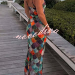 Little Mermaid Colorful Scales Print Halter Maxi Dress