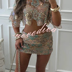 Fashionable Embroidered Flower Sequined Crop Top and Hip-hugging Mini Skirt Set