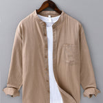 Long sleeve linen cotton S<tc>light brown</tc>shirt with D-neck collar and pocket