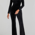Classic Charm Velvet Jewel Embellished Trim Long Sleeve Flare Jumpsuit