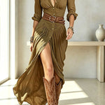 Fashion Lapel Single-breasted Waist Shirt-style Maxi Dress