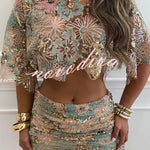 Fashionable Embroidered Flower Sequined Crop Top and Hip-hugging Mini Skirt Set