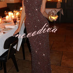 Calanthe Sequin Embellished Chiffon Ruched Square Neck Back Lace-up Maxi Dress