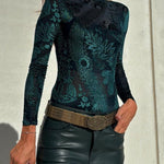 Antarey Velvet Mesh Unique Pattern Long Sleeve Stretch Bodysuit