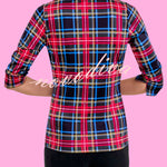 Duke of York Holiday Plaid Ruffle Stand Neck Half Sleeve Blouse