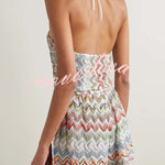 Juney Knit Colorful Zigzag Pattern Halter Neck Slit Wide Leg Loose Romper