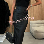 Lindsey Faux Leather High Rise Pocketed Slit Stretch Midi Skirt