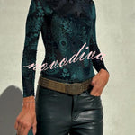 Antarey Velvet Mesh Unique Pattern Long Sleeve Stretch Bodysuit