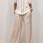 Satin Solid Color Loose Short-sleeved Top and Elastic Waist Lace-up Pocket Wide-leg Pants Set
