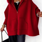 Warm Call Knit Long Sleeve Zipper Plush Hooded Pocket Loose Cardigan