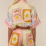 Lily Song Linen Blend Unique Print Short Sleeve Shirt and Belted Pocket Shorts Set
