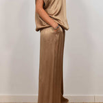Satin Solid Color Loose Short-sleeved Top and Elastic Waist Lace-up Pocket Wide-leg Pants Set