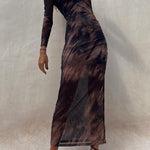 Charm Lady Mesh Overlay Tie Dye Print Long Sleeve Ruched Stretch Midi Dress