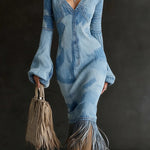 Unique Printed V-neck Long-sleeved Elegant Tassel Hem Midi Dress