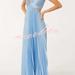 Caught Your Eyes Satin Pleated Cross Straps Cutout Flowing Maxi Dress