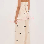Linen Blend Polka Dot Bandeau Top and Elastic Waist Pocket Wide Leg Pants Set