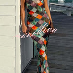 Little Mermaid Colorful Scales Print Halter Maxi Dress