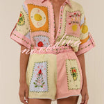 Lily Song Linen Blend Unique Print Short Sleeve Shirt and Belted Pocket Shorts Set