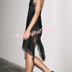 Elouise Satin Lace Trim V-neck Asymmetrical Hem Slip Mini Dress