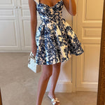 Garden of Eden Floral Print Bow Straps Princess Flared Mini Dress