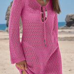 Solid Color Knit Hollow V-Neck Tie Long Sleeve Cover Up Mini Dress