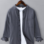 Long sleeve linen cotton S<tc>light brown</tc>shirt with D-neck collar and pocket