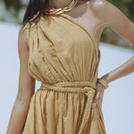 Avani Linen Blend Draped Braids One Shoulder Slit Cover Up Maxi Dress