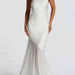 Fable Satin One Shoulder Back Adjustable Straps Contrast Chiffon Hem Maxi Dress