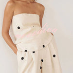 Linen Blend Polka Dot Bandeau Top and Elastic Waist Pocket Wide Leg Pants Set