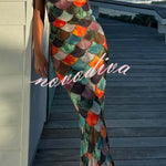 Little Mermaid Colorful Scales Print Halter Maxi Dress