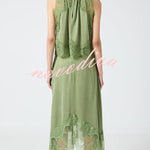 Modern Muse Satin Lace Trim Pleated Neck Top and A-line Irregular Slit Skirt Set