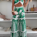 Cassie Ric Rac Trims Unique Print Halter Ring Tank and High Rise Wide Leg Pants Set