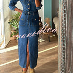Tessy Denim Metal Button Zipper Shirt Stretch Pencil Slit Midi Dress
