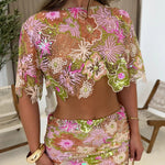 Fashionable Embroidered Flower Sequined Crop Top and Hip-hugging Mini Skirt Set
