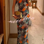 Little Mermaid Colorful Scales Print Halter Maxi Dress