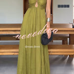 Soft and Elegant Metal Hollow Design Back Smocked A-line Slip Maxi Dress