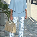 Fashion Round Neck Half Sleeve Loose Top and Elastic Waist Casual Straight Pants Set