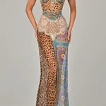 Chiffon Leopard Print Sexy Lace Splicing High Slit Slim Maxi Dress