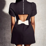 Sweet Moment Slit Short Sleeve Backless Removable Satin Bow Mini Dress
