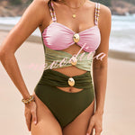 Fashionable Color-blocked Metal Button Stretch One-piece Swimsuit