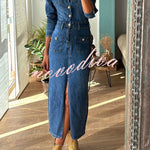 Tessy Denim Metal Button Zipper Shirt Stretch Pencil Slit Midi Dress