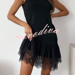 Breezy City Tulle Lace Tiered Hem Stretch Tank Mini Dress