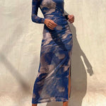 Charm Lady Mesh Overlay Tie Dye Print Long Sleeve Ruched Stretch Midi Dress