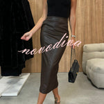 Lindsey Faux Leather High Rise Pocketed Slit Stretch Midi Skirt