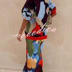 Bright and Bold Satin Abstract Color Blocks Print Elastic Waist Drape Maxi Skirt