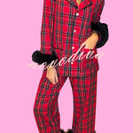 Holiday Time Plaid Contrast Feather Sleeve Pocket Shirt and Elastic Waist Pajama Set