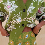 Mysterious Magic Knit Eye Heart Pattern Button Up Long Sleeve Loose Cardigan
